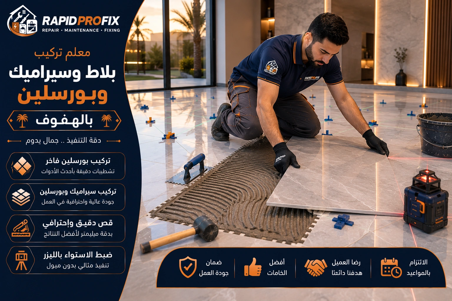 فني متخصص في تركيب البلاط والسيراميك والبورسلين الهفوف أثناء تنفيذ أعمال التركيب بدقة عالية للحصول على تشطيبات احترافية.