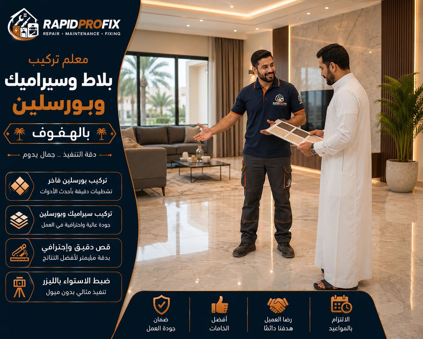 النتيجة النهائية لأعمال معلم تركيب بلاط وسيراميك وبورسلين الهفوف بعد الانتهاء من المشروع بجودة عالية وتشطيب متقن.