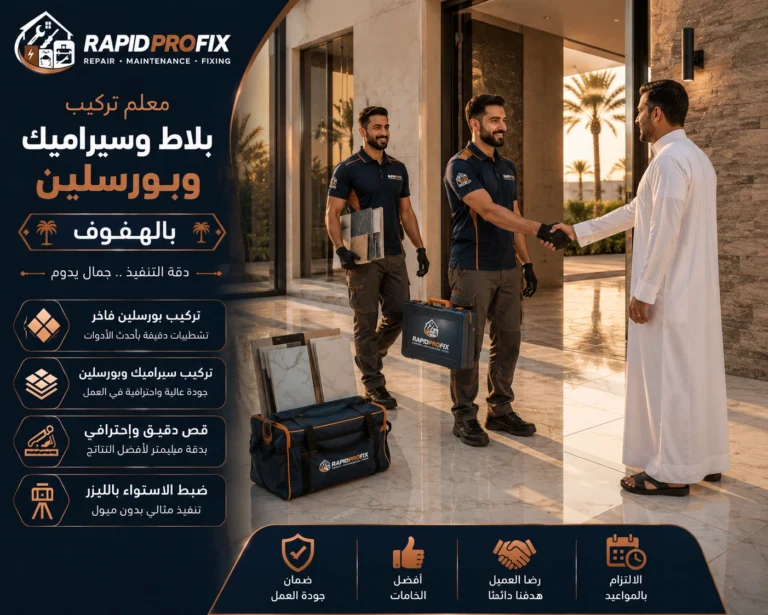 معلم تركيب بلاط وسيراميك وبورسلين الهفوف يصل إلى موقع العميل لبدء تنفيذ أعمال تركيب الأرضيات والجدران باستخدام معدات احترافية.