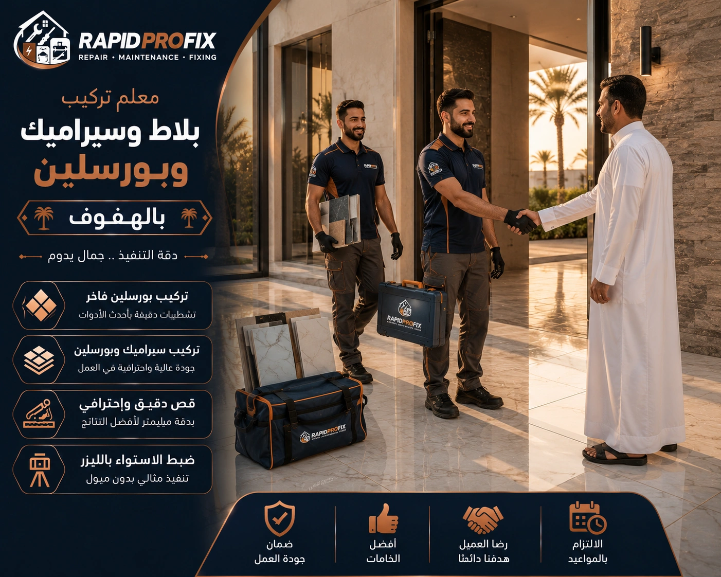 معلم تركيب بلاط وسيراميك وبورسلين الهفوف يصل إلى موقع العميل لبدء تنفيذ أعمال تركيب الأرضيات والجدران باستخدام معدات احترافية.