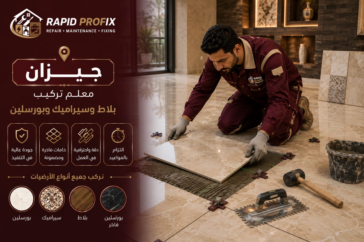 فني متخصص في تركيب البلاط والسيراميك والبورسلين بجيزان أثناء تنفيذ أعمال التركيب والمحاذاة الدقيقة للحصول على تشطيب احترافي يدوم لسنوات.