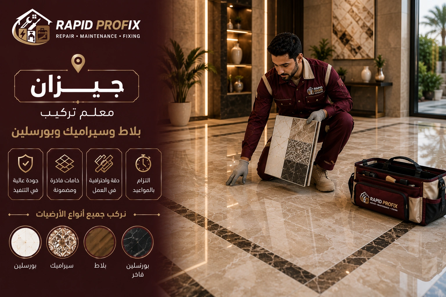 النتيجة النهائية لأعمال معلم تركيب بلاط وسيراميك وبورسلين بجيزان بعد اكتمال المشروع بجودة عالية وتشطيب متقن.