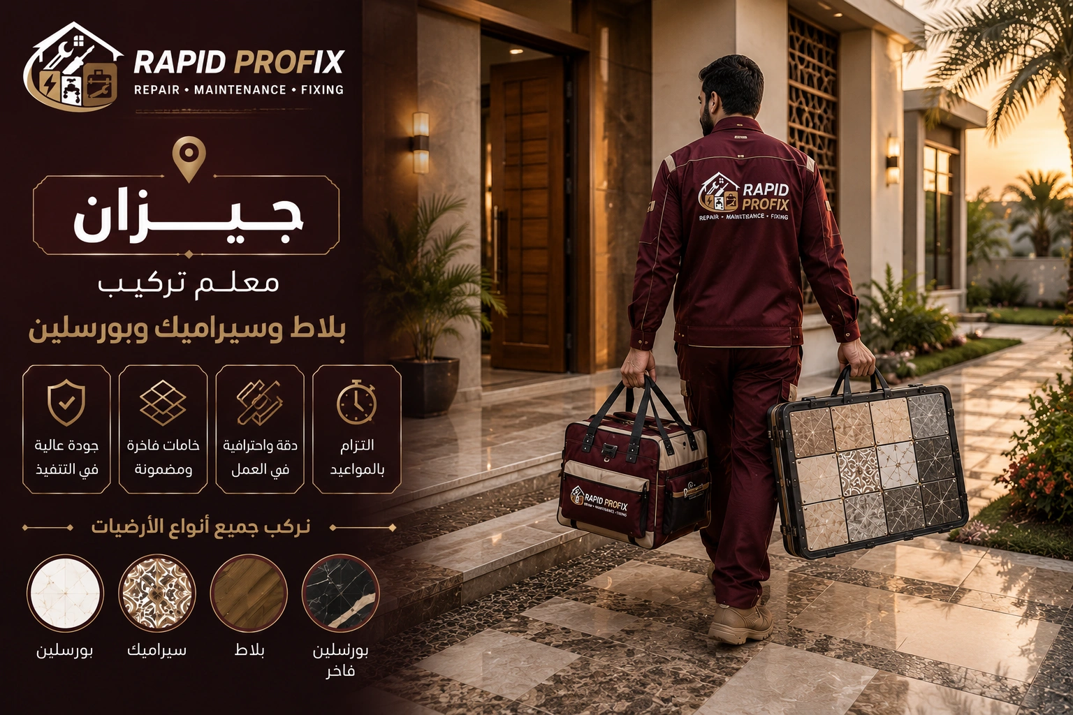 معلم تركيب بلاط وسيراميك وبورسلين بجيزان يصل إلى موقع العميل لبدء تنفيذ أعمال تركيب الأرضيات والجدران باستخدام أدوات احترافية وخبرة متخصصة.