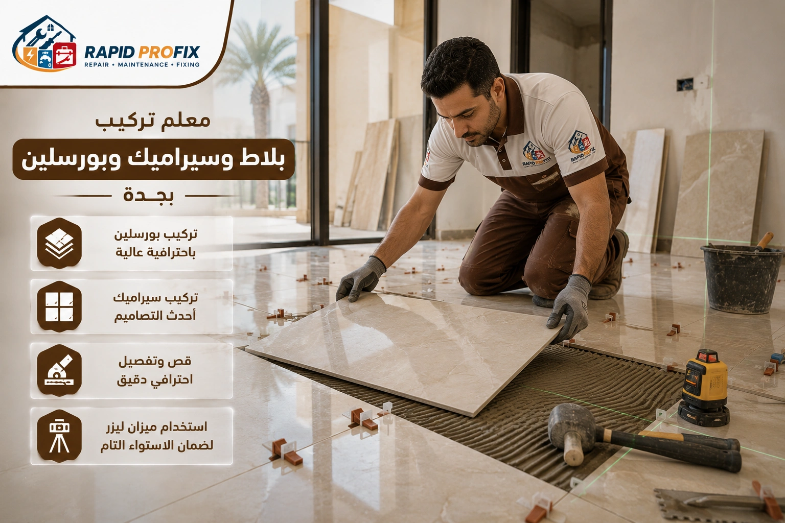 فني متخصص في تركيب البلاط والسيراميك والبورسلين بجدة أثناء تنفيذ أعمال التشطيب والمحاذاة الدقيقة للحصول على نتائج احترافية.