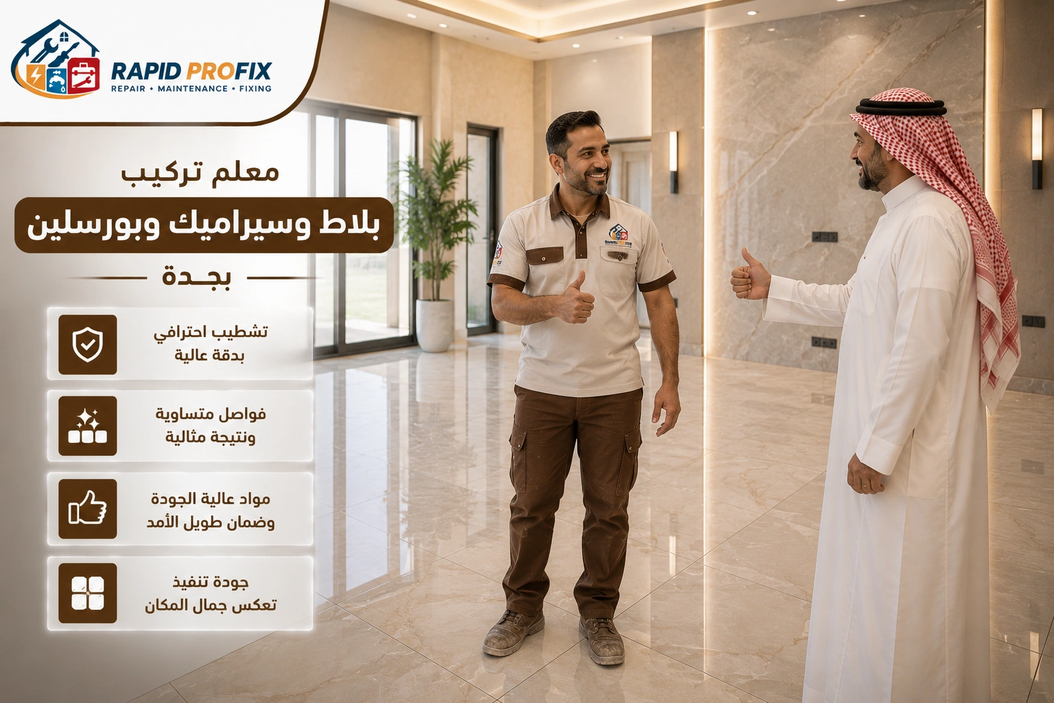 النتيجة النهائية لأعمال تركيب البلاط والسيراميك والبورسلين بجدة بعد الانتهاء من التنفيذ باحترافية وجودة عالية مع رضا العميل.