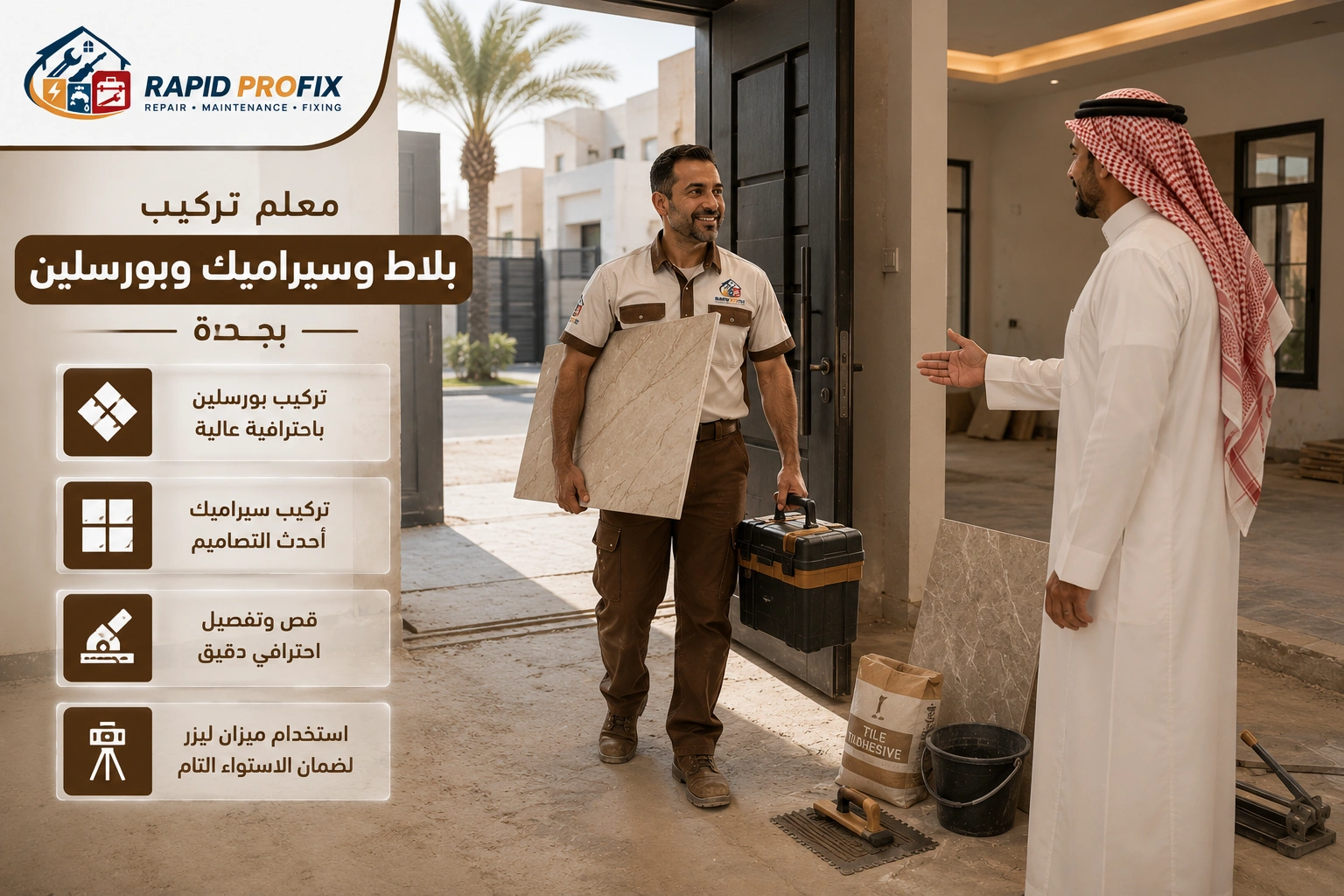 معلم تركيب بلاط وسيراميك وبورسلين بجدة يصل إلى موقع العمل لبدء تنفيذ أعمال التركيب باستخدام أدوات احترافية وخبرة في جميع أنواع الأرضيات والجدران.