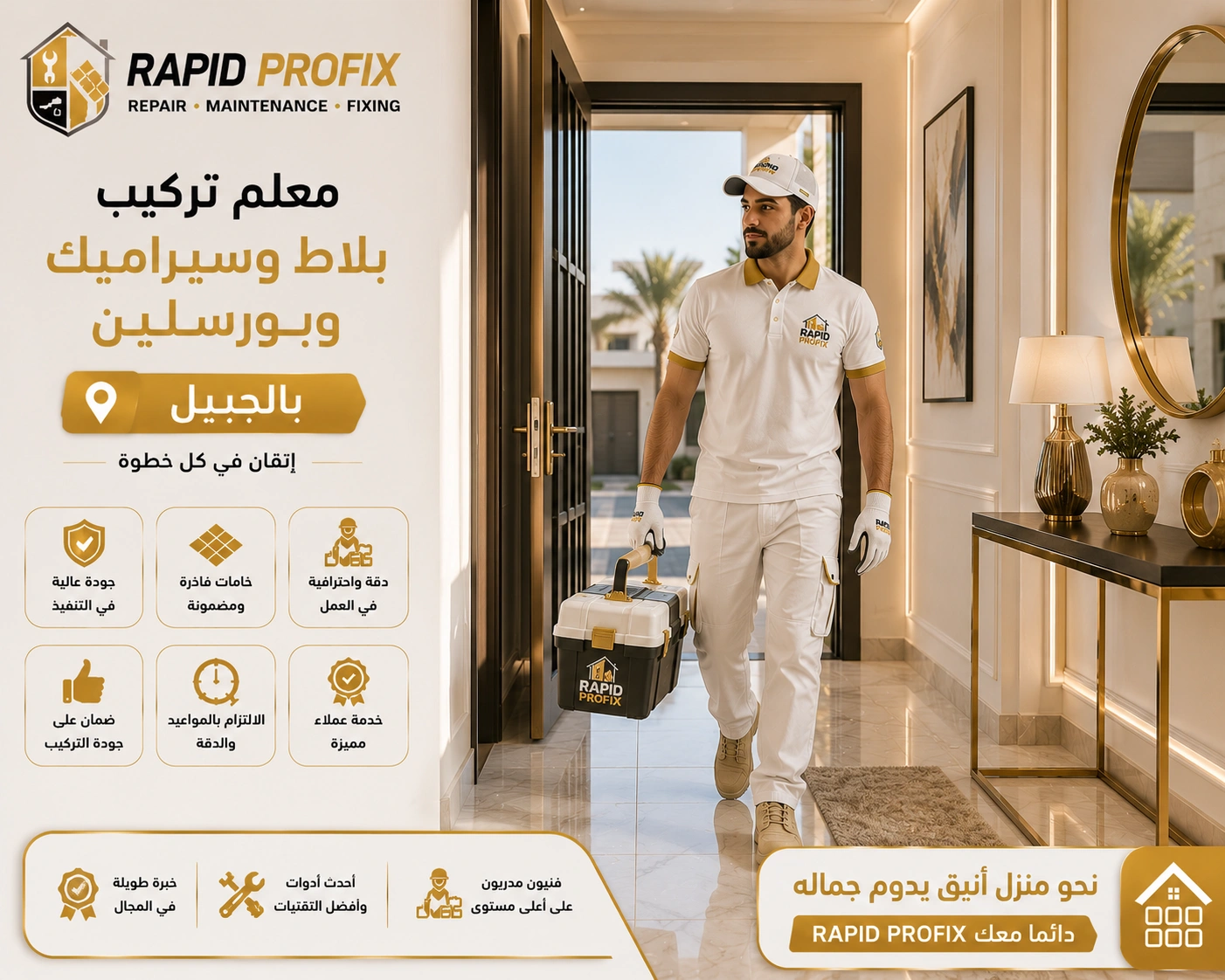 معلم تركيب بلاط وسيراميك وبورسلين بالجبيل يصل إلى موقع العميل لبدء تنفيذ أعمال تركيب الأرضيات والجدران باستخدام أدوات احترافية وخبرة متخصصة.