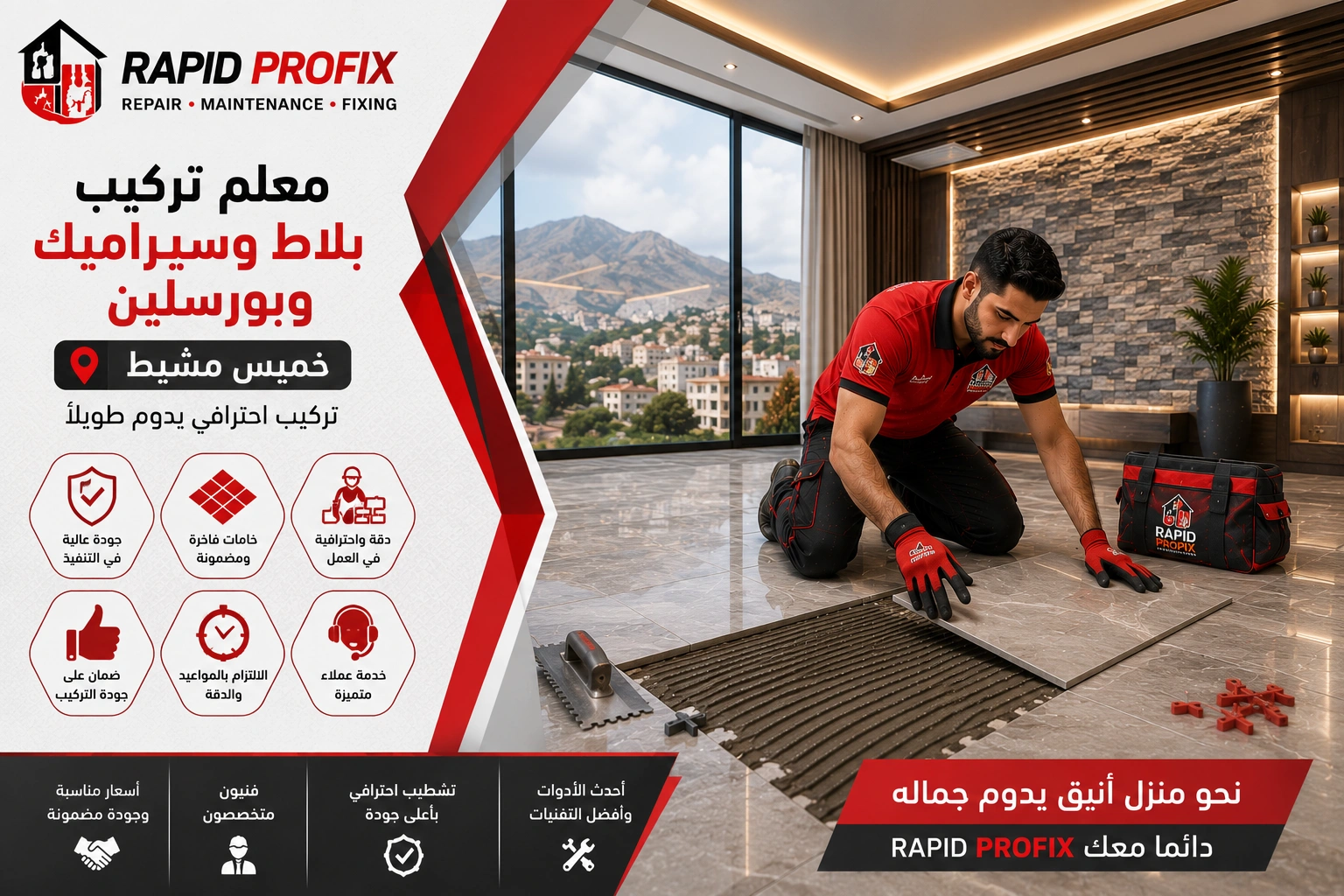 فني متخصص في تركيب البلاط والسيراميك والبورسلين بخميس مشيط أثناء تنفيذ أعمال التركيب والمحاذاة الدقيقة للحصول على تشطيب احترافي يدوم لسنوات.