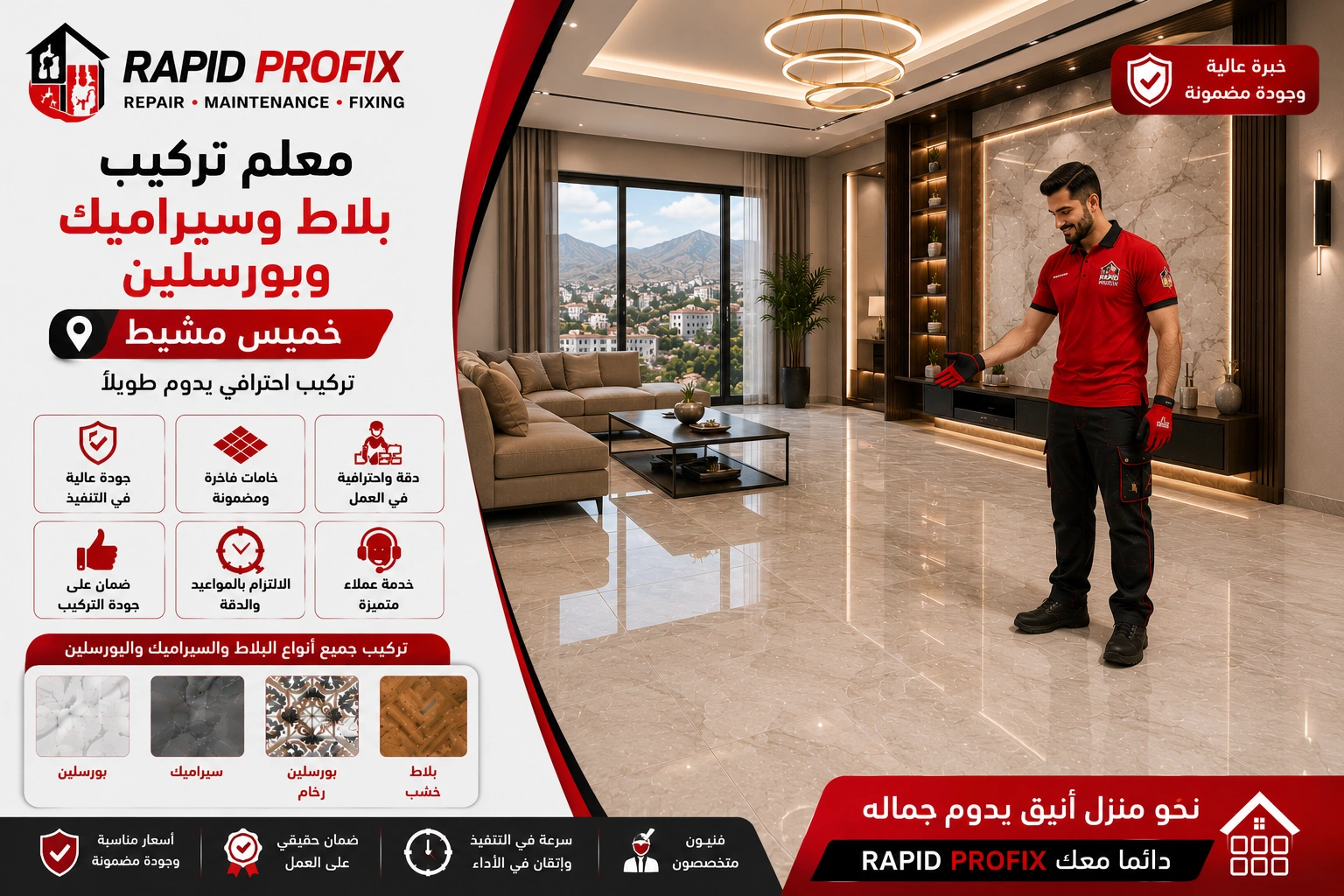 النتيجة النهائية لأعمال معلم تركيب بلاط وسيراميك وبورسلين بخميس مشيط بعد اكتمال المشروع بجودة عالية وتشطيب متقن.