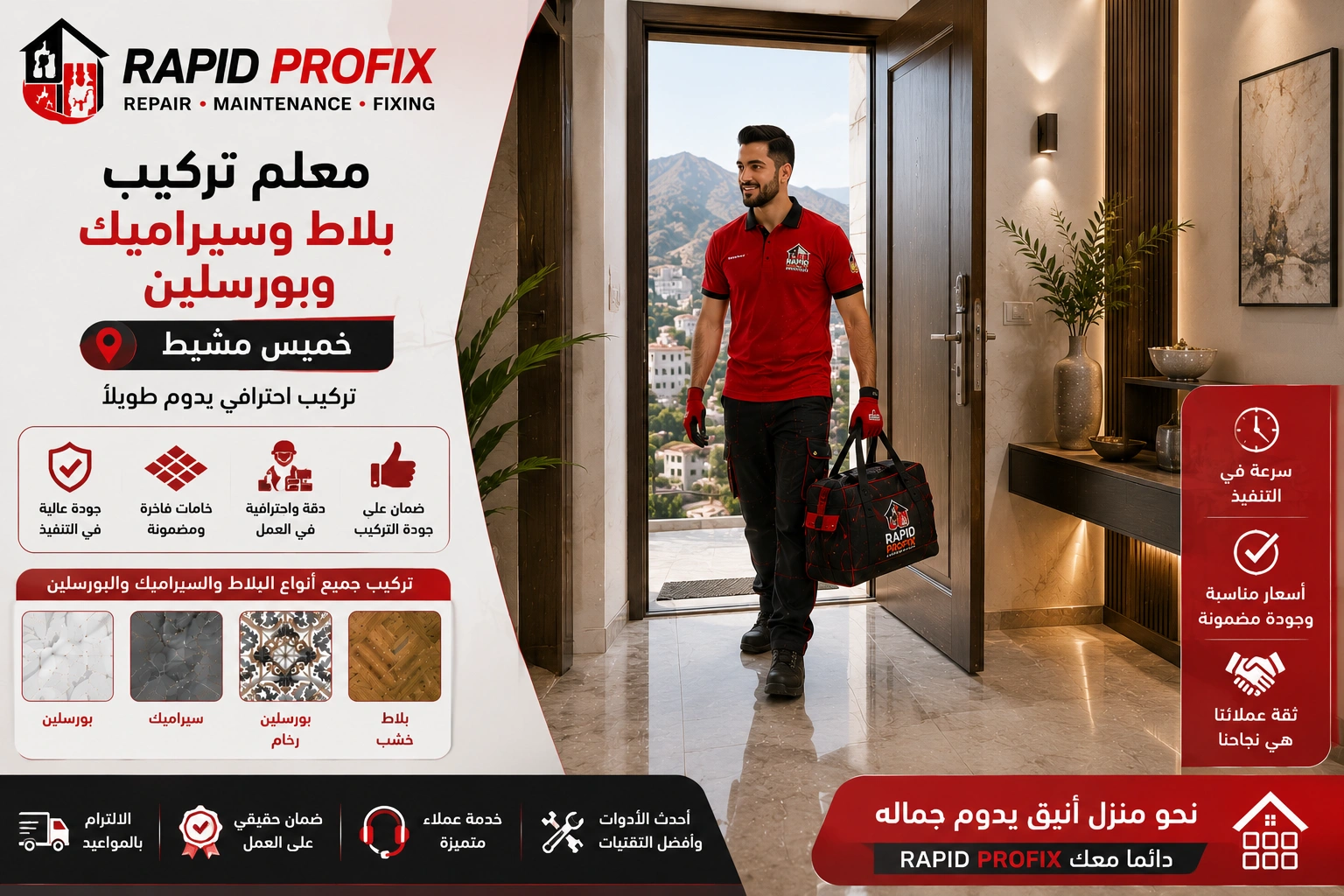 معلم تركيب بلاط وسيراميك وبورسلين بخميس مشيط يصل إلى موقع العميل لبدء تنفيذ أعمال تركيب الأرضيات والجدران باستخدام أدوات احترافية وخبرة متخصصة.