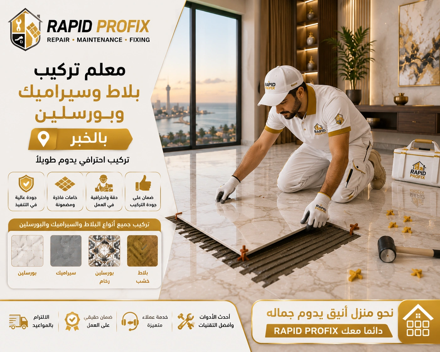فني متخصص في تركيب البلاط والسيراميك والبورسلين بالخبر أثناء تنفيذ أعمال التركيب والمحاذاة الدقيقة للحصول على تشطيب احترافي يدوم لسنوات.