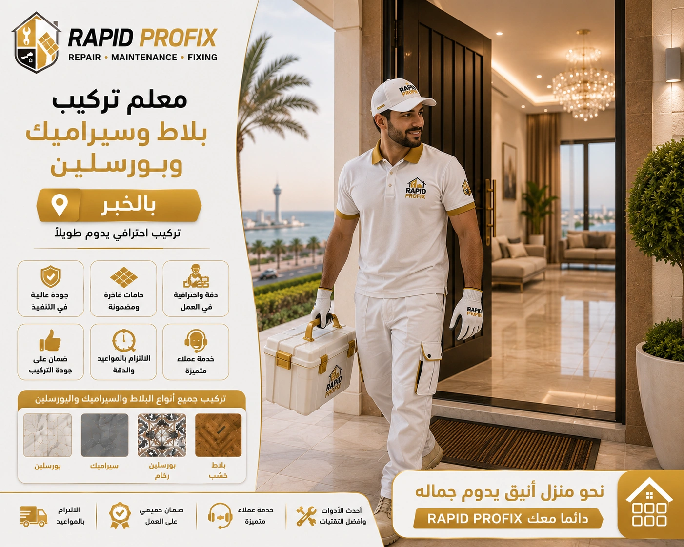 معلم تركيب بلاط وسيراميك وبورسلين بالخبر يصل إلى موقع العميل لبدء تنفيذ أعمال تركيب الأرضيات والجدران باستخدام أدوات احترافية وخبرة متخصصة.