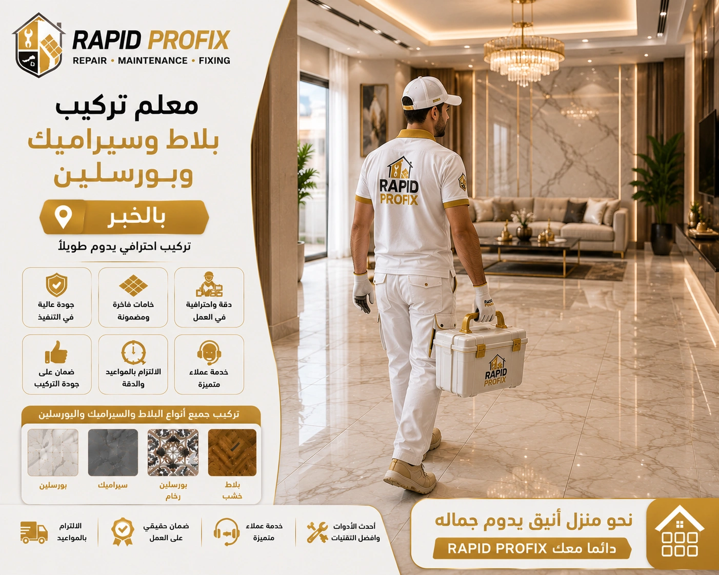 النتيجة النهائية لأعمال معلم تركيب بلاط وسيراميك وبورسلين بالخبر بعد اكتمال المشروع بجودة عالية وتشطيب متقن.