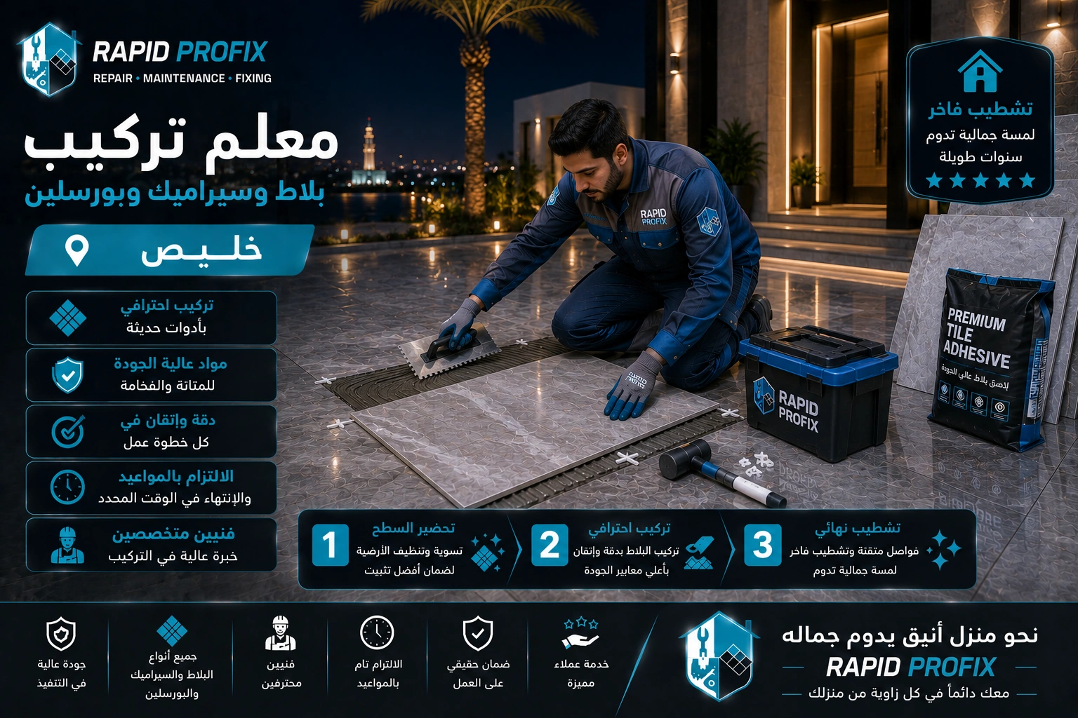 فني متخصص في تركيب البلاط والسيراميك والبورسلين بخليص أثناء تنفيذ أعمال التركيب والمحاذاة الدقيقة للحصول على تشطيب احترافي يدوم لسنوات.