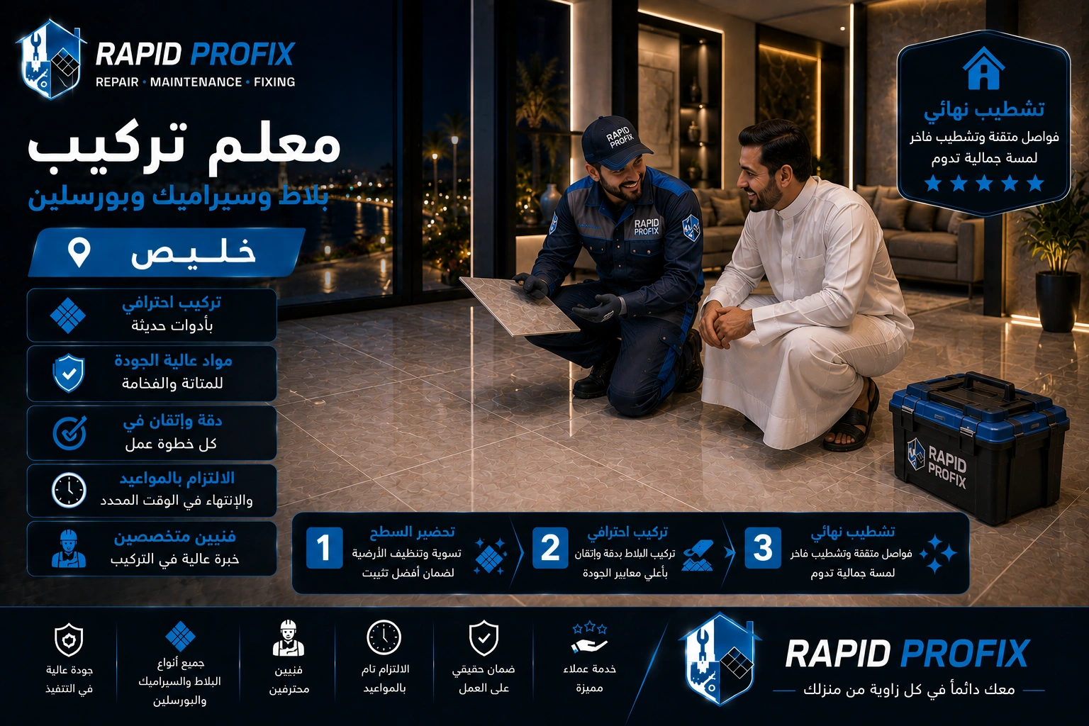 النتيجة النهائية لأعمال معلم تركيب بلاط وسيراميك وبورسلين بخليص بعد اكتمال المشروع بجودة عالية وتشطيب متقن.