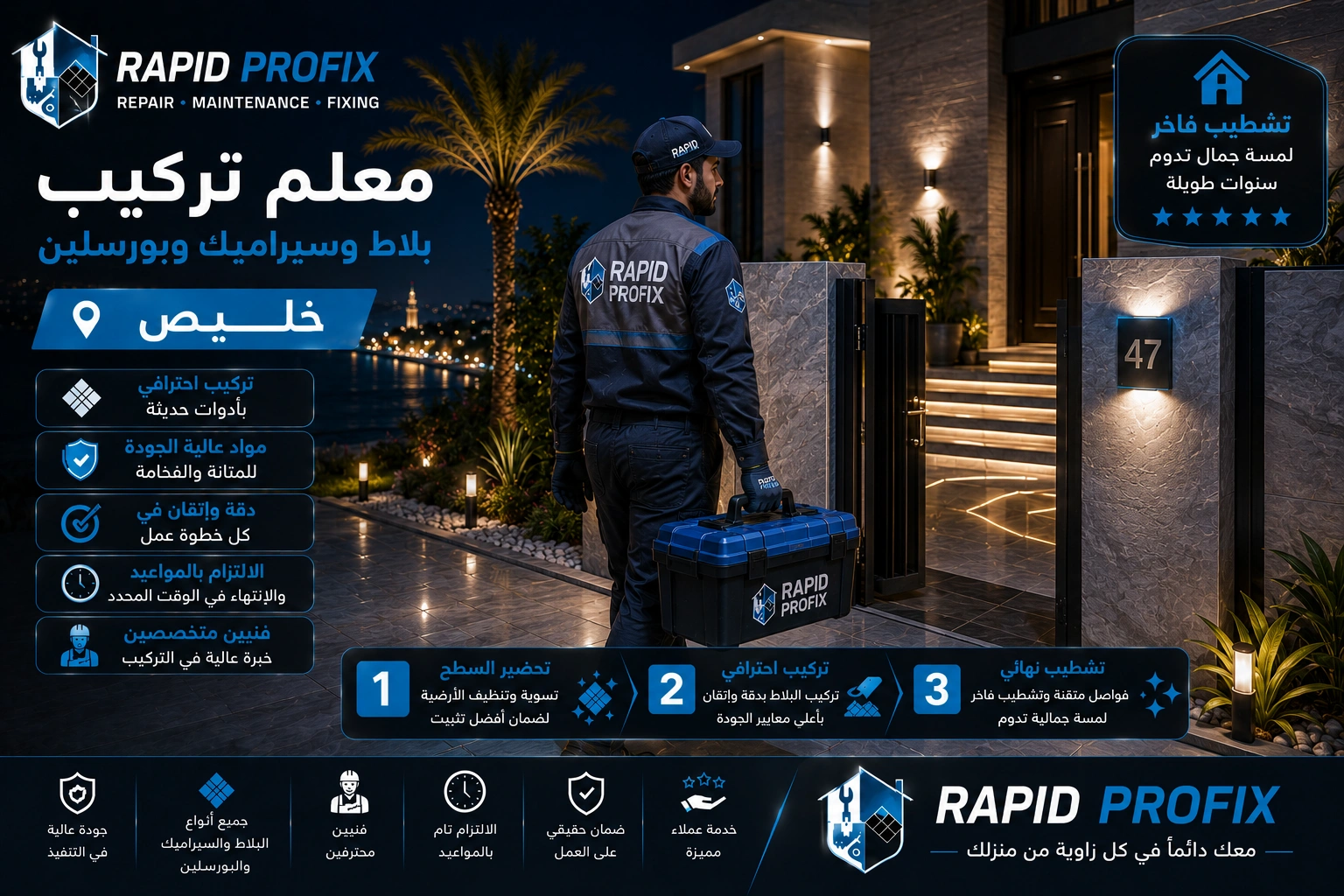 معلم تركيب بلاط وسيراميك وبورسلين بخليص يصل إلى موقع العميل لبدء تنفيذ أعمال تركيب الأرضيات والجدران باستخدام أدوات احترافية وخبرة متخصصة.