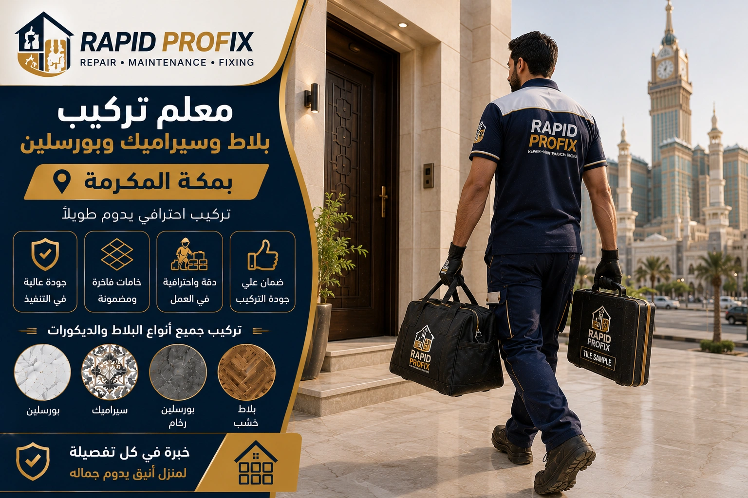 معلم تركيب بلاط وسيراميك وبورسلين بمكة يصل إلى موقع العميل لبدء تنفيذ أعمال تركيب الأرضيات والجدران باستخدام أدوات احترافية وخبرة متخصصة.