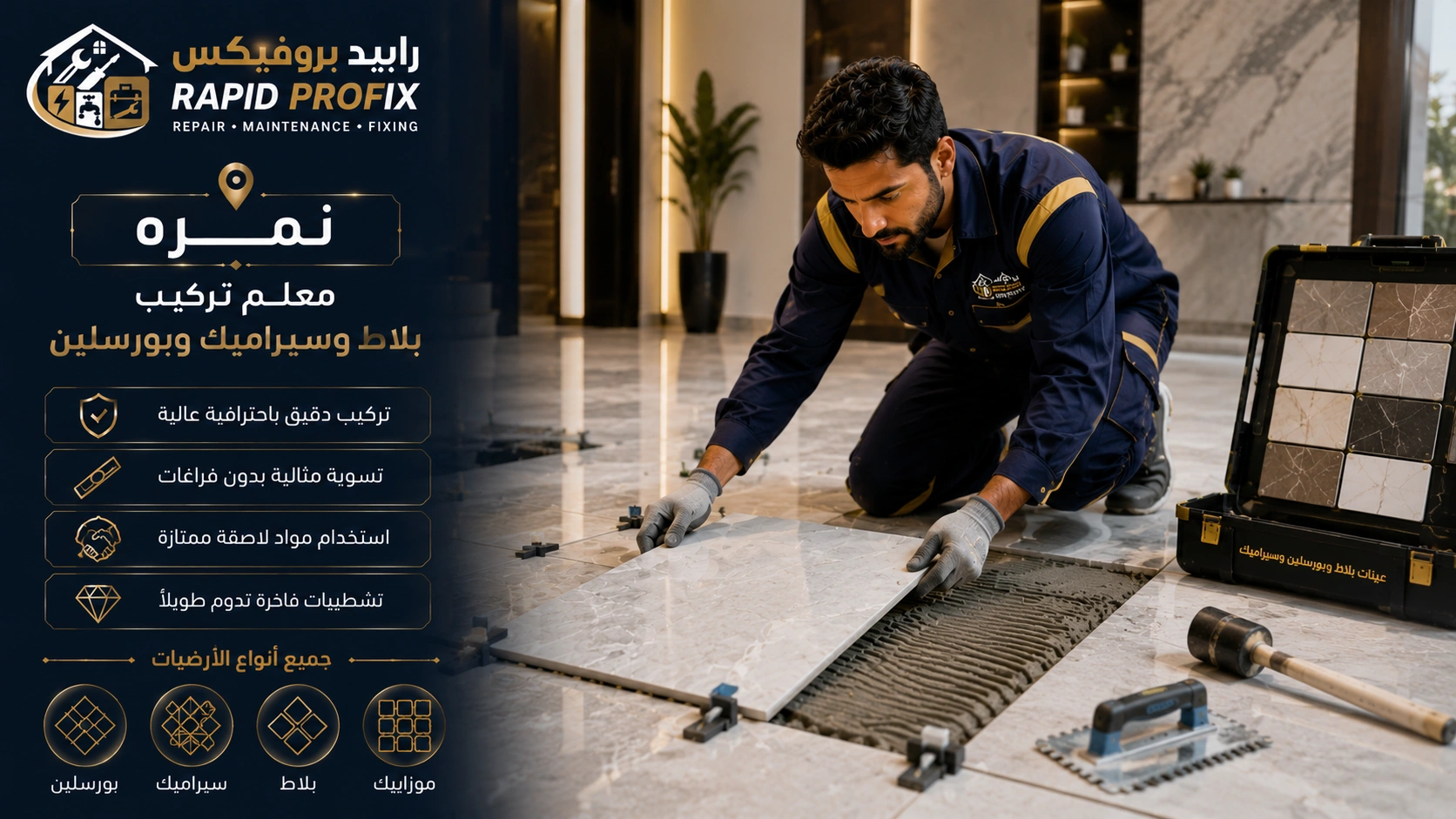 فني متخصص في تركيب البلاط والسيراميك والبورسلين نمرة أثناء تنفيذ أعمال التركيب والمحاذاة الدقيقة للحصول على تشطيبات احترافية.