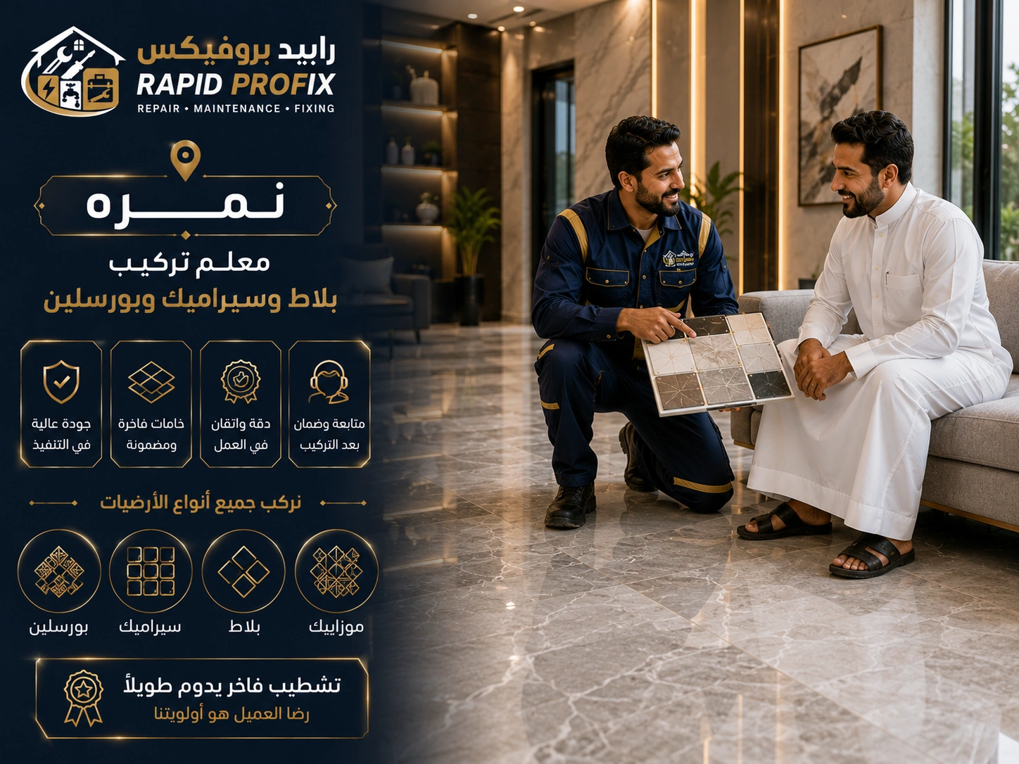 النتيجة النهائية لأعمال معلم تركيب بلاط وسيراميك وبورسلين نمرة بعد اكتمال المشروع بجودة عالية وتشطيب متقن.