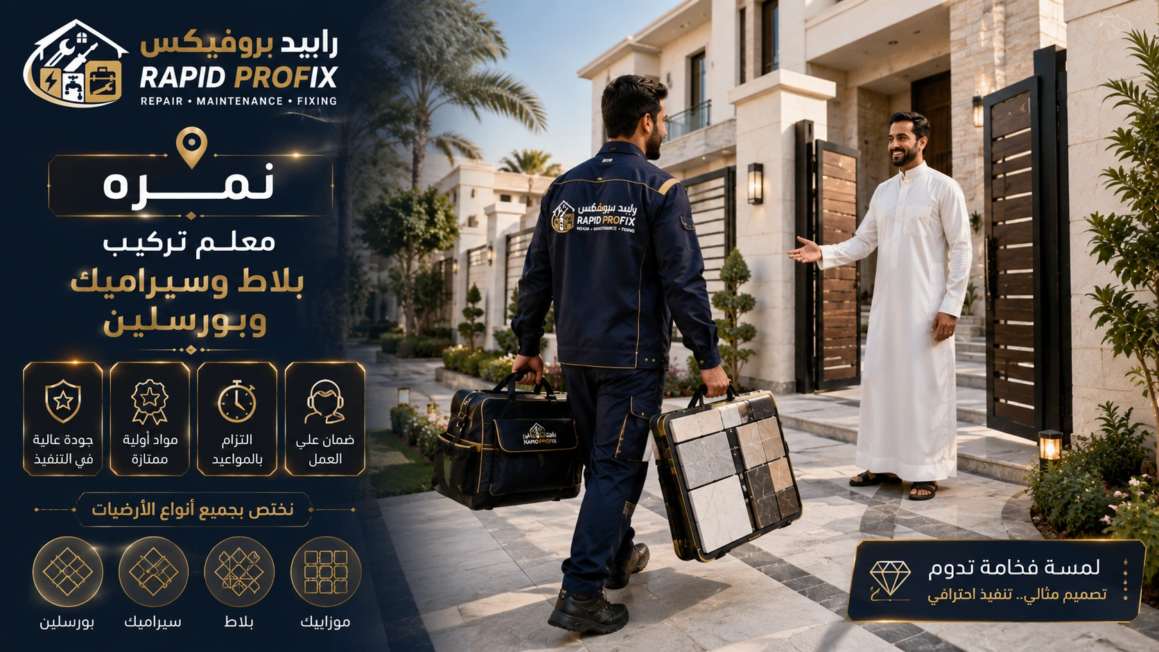 معلم تركيب بلاط وسيراميك وبورسلين نمرة يصل إلى موقع العميل لبدء تنفيذ أعمال تركيب الأرضيات والجدران باستخدام أدوات احترافية وخبرة متخصصة.