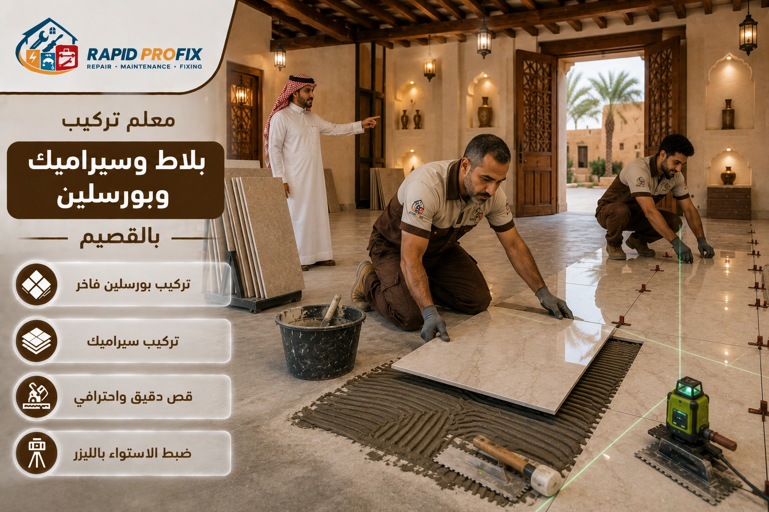 فني متخصص في تركيب البلاط والسيراميك والبورسلين بالقصيم أثناء تنفيذ أعمال التركيب باحترافية للحصول على تشطيب متين ومظهر أنيق.