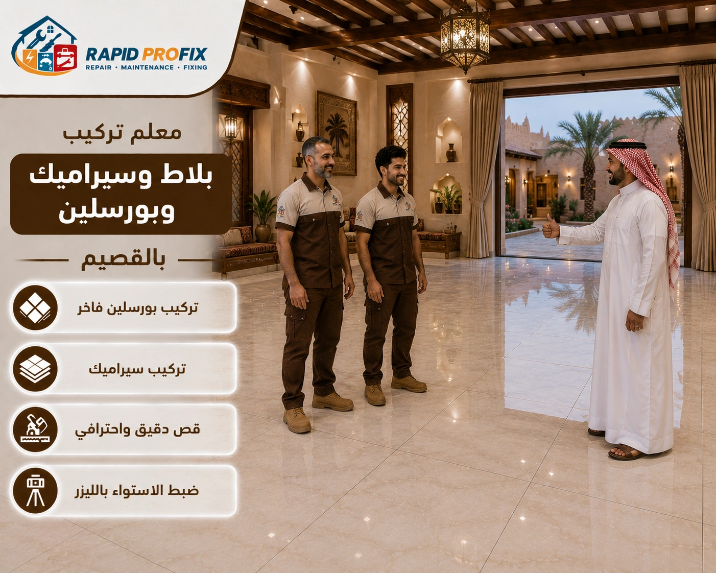 النتيجة النهائية لأعمال معلم تركيب بلاط وسيراميك وبورسلين بالقصيم بعد اكتمال المشروع بتشطيب احترافي وجودة عالية.