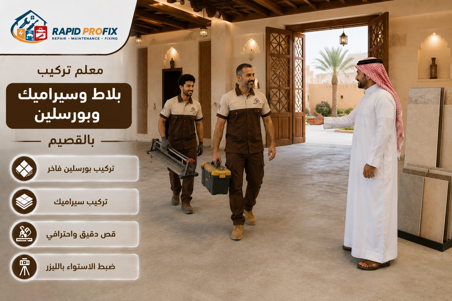 معلم تركيب بلاط وسيراميك وبورسلين بالقصيم يصل إلى موقع العميل لبدء تنفيذ أعمال تركيب الأرضيات والجدران باستخدام أدوات احترافية.
