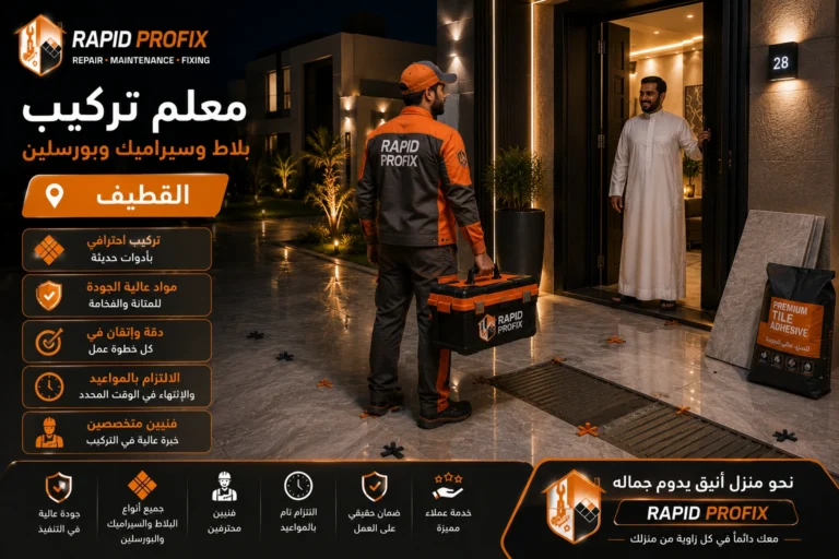 معلم تركيب بلاط وسيراميك وبورسلين بالقطيف يصل إلى موقع العميل لبدء تنفيذ أعمال تركيب الأرضيات والجدران باستخدام أدوات احترافية وخبرة متخصصة.