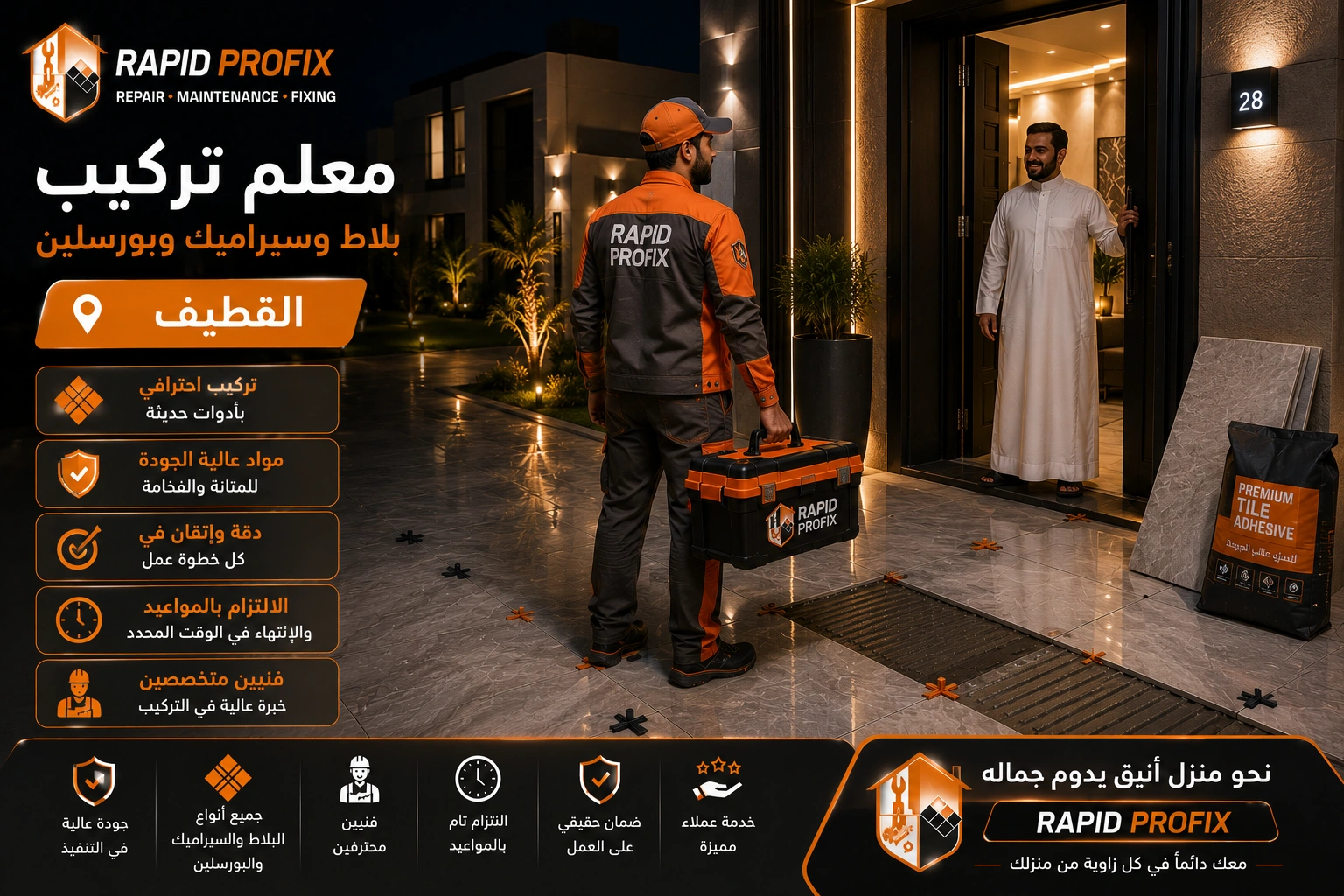 معلم تركيب بلاط وسيراميك وبورسلين بالقطيف يصل إلى موقع العميل لبدء تنفيذ أعمال تركيب الأرضيات والجدران باستخدام أدوات احترافية وخبرة متخصصة.