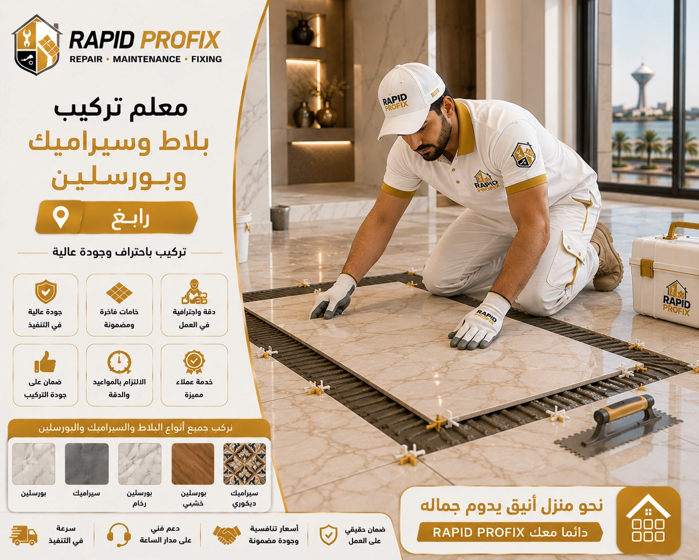 فني متخصص في تركيب البلاط والسيراميك والبورسلين برابغ أثناء تنفيذ أعمال التركيب والمحاذاة الدقيقة للحصول على تشطيب احترافي يدوم لسنوات.