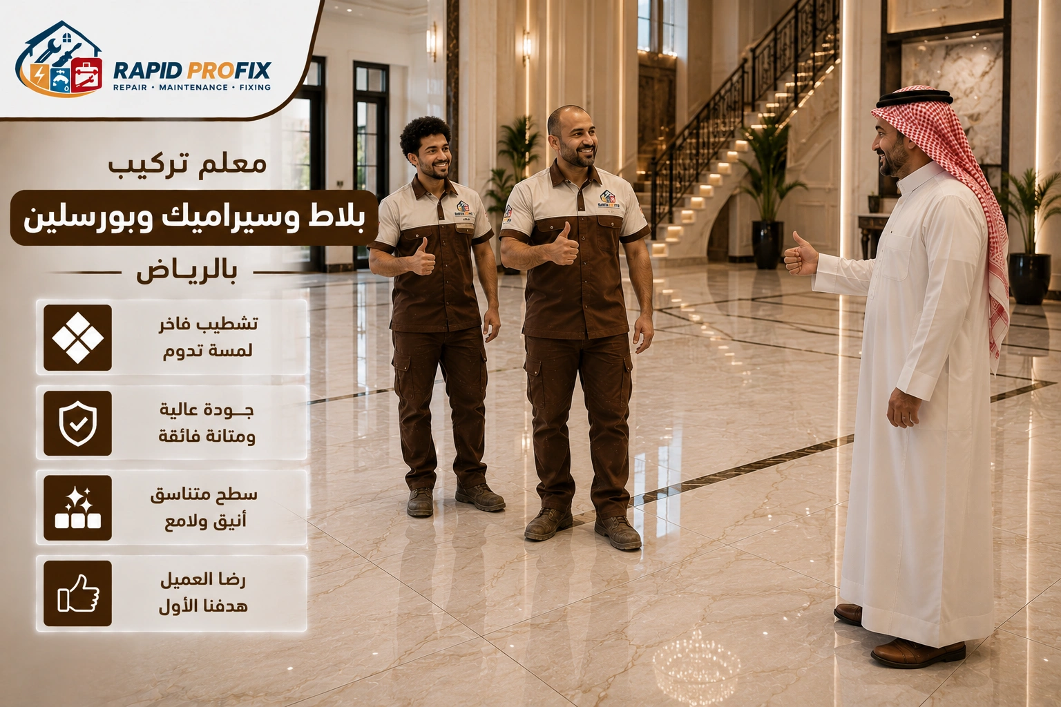 النتيجة النهائية لأعمال معلم تركيب بلاط وسيراميك وبورسلين بالرياض بعد الانتهاء من التركيب بدقة عالية وتشطيب مميز.