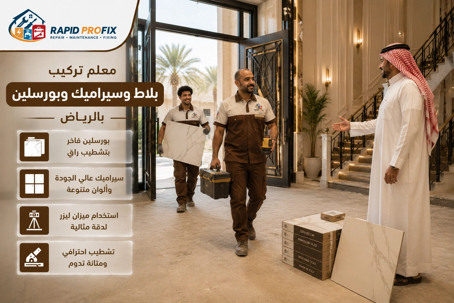 معلم تركيب بلاط وسيراميك وبورسلين بالرياض يصل إلى منزل العميل لبدء تنفيذ أعمال تركيب الأرضيات والجدران باستخدام أدوات احترافية.