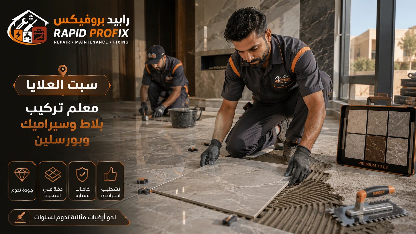 فني متخصص في تركيب البلاط والسيراميك والبورسلين سبت العلايا أثناء تنفيذ أعمال التركيب باحترافية للحصول على تشطيب متين وأنيق.