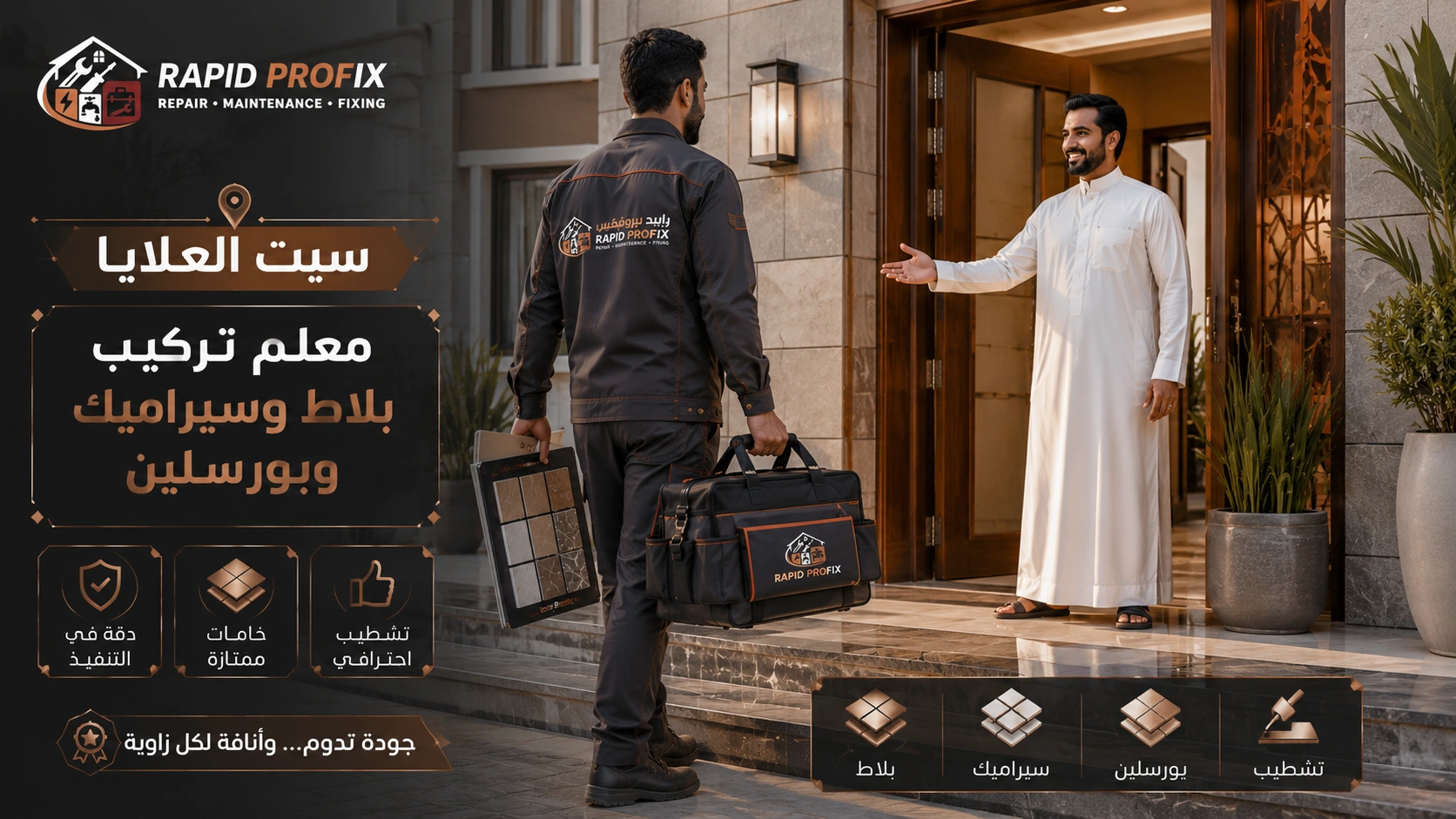 معلم تركيب بلاط وسيراميك وبورسلين سبت العلايا يصل إلى موقع العميل لبدء تنفيذ أعمال تركيب الأرضيات والجدران باستخدام أدوات احترافية.