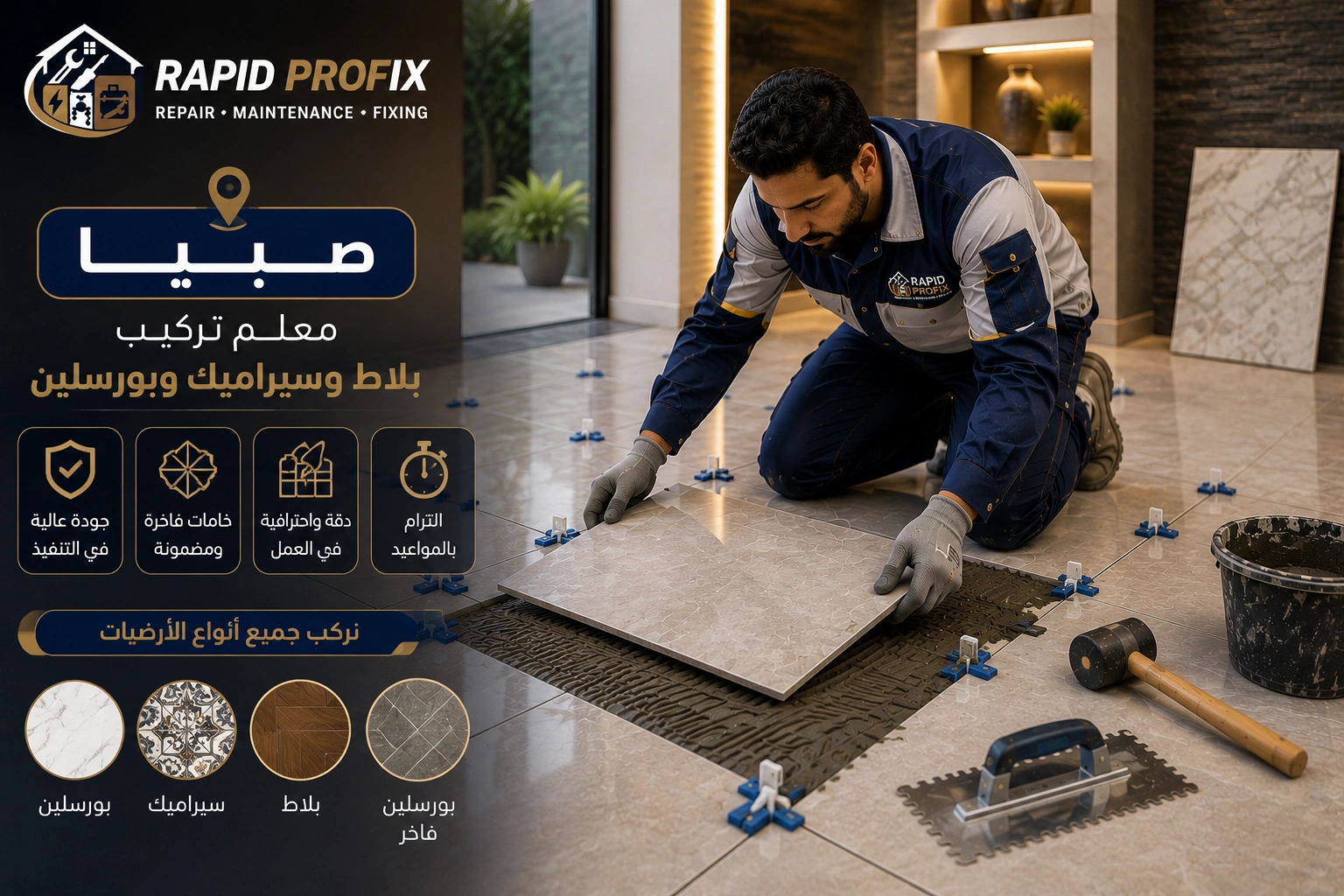 فني متخصص في تركيب البلاط والسيراميك والبورسلين صبيا أثناء تنفيذ أعمال التركيب والمحاذاة الدقيقة للحصول على تشطيب احترافي يدوم لسنوات.