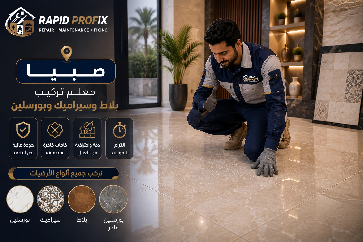 النتيجة النهائية لأعمال معلم تركيب بلاط وسيراميك وبورسلين صبيا بعد اكتمال المشروع بجودة عالية وتشطيب متقن.