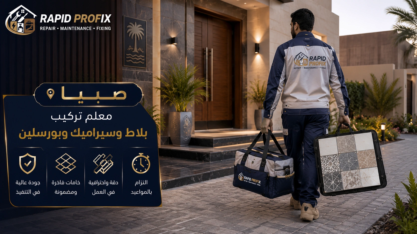 معلم تركيب بلاط وسيراميك وبورسلين صبيا يصل إلى موقع العميل لبدء تنفيذ أعمال تركيب الأرضيات والجدران باستخدام أدوات احترافية وخبرة متخصصة.