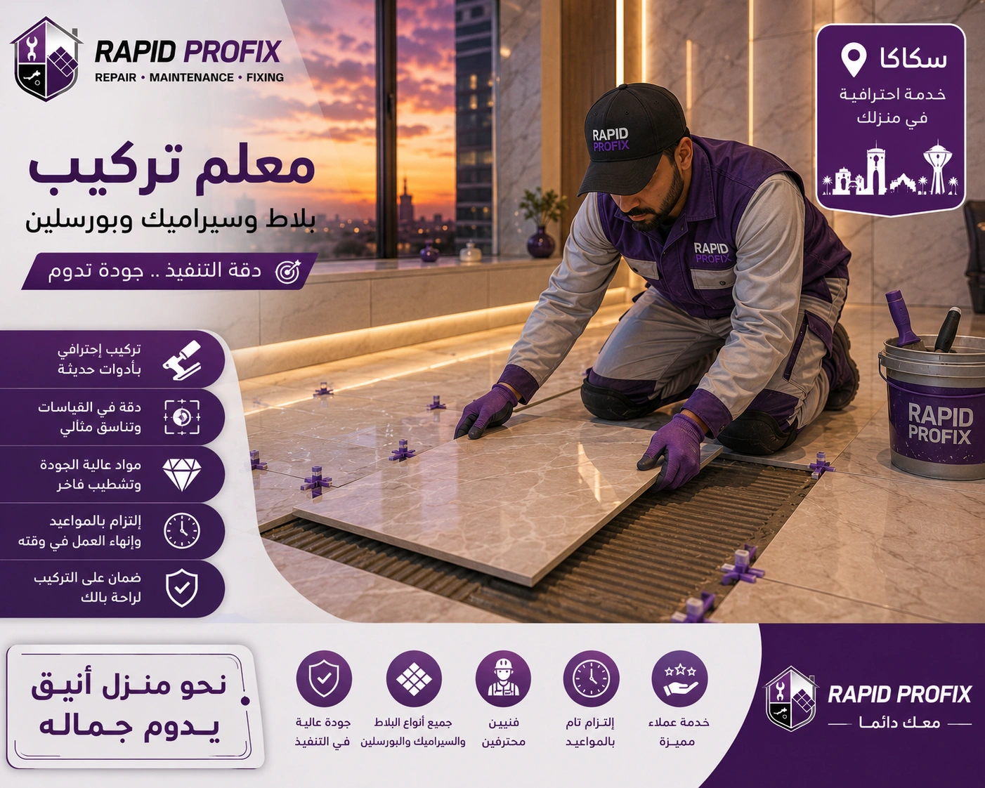 فني متخصص في تركيب البلاط والسيراميك والبورسلين بسكاكا أثناء تنفيذ أعمال التركيب والمحاذاة الدقيقة للحصول على تشطيب احترافي يدوم لسنوات.