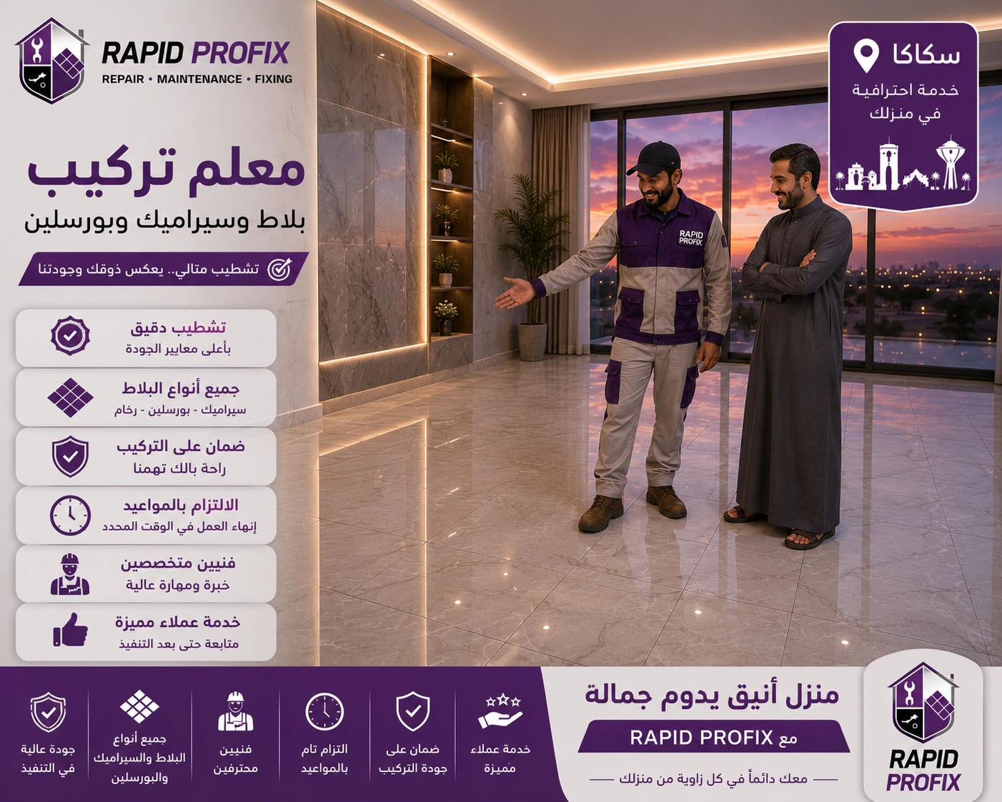 النتيجة النهائية لأعمال معلم تركيب بلاط وسيراميك وبورسلين بسكاكا بعد اكتمال المشروع بجودة عالية وتشطيب متقن.