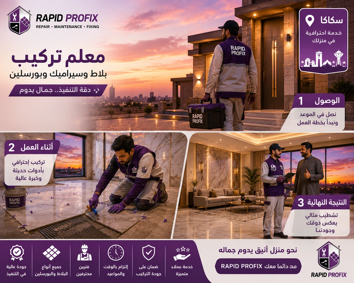 معلم تركيب بلاط وسيراميك وبورسلين بسكاكا يصل إلى موقع العميل لبدء تنفيذ أعمال تركيب الأرضيات والجدران باستخدام أدوات احترافية وخبرة متخصصة.