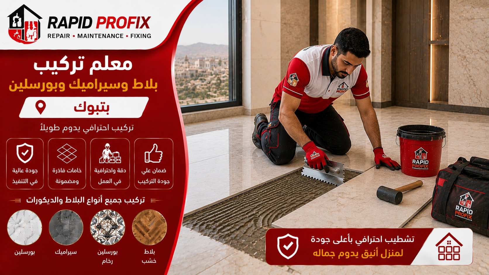 فني متخصص في تركيب البلاط والسيراميك والبورسلين بتبوك أثناء تنفيذ أعمال التركيب والمحاذاة الدقيقة للحصول على تشطيب احترافي يدوم لسنوات.