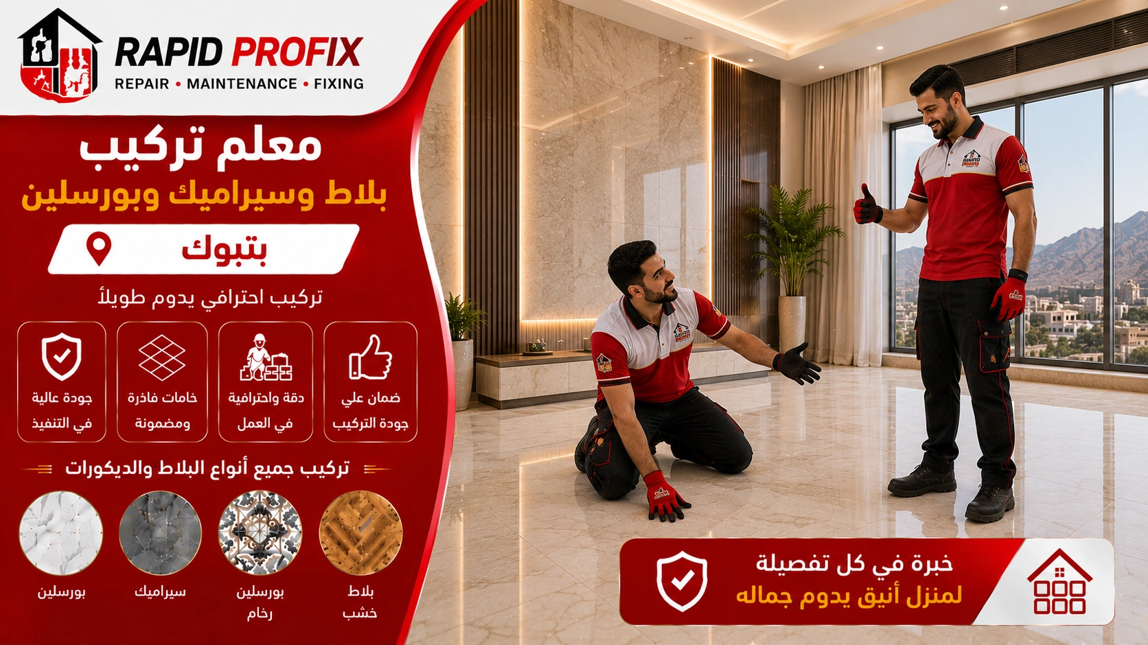 النتيجة النهائية لأعمال معلم تركيب بلاط وسيراميك وبورسلين بتبوك بعد اكتمال المشروع بجودة عالية وتشطيب متقن.