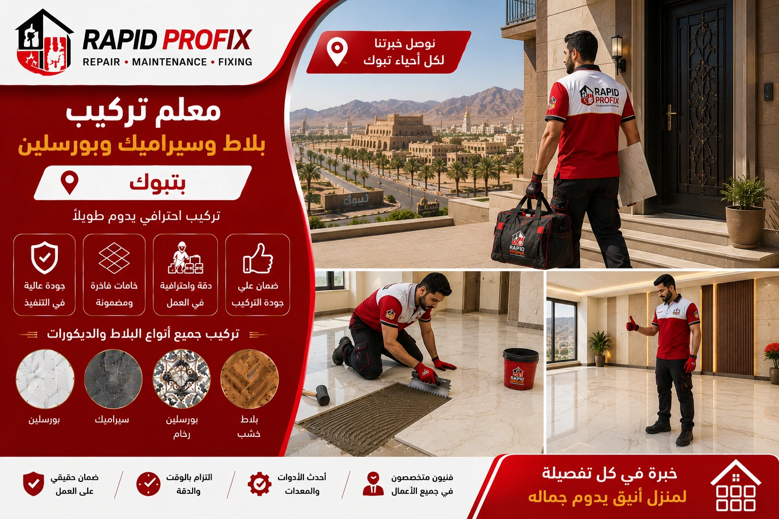 معلم تركيب بلاط وسيراميك وبورسلين بتبوك يصل إلى موقع العميل لبدء تنفيذ أعمال تركيب الأرضيات والجدران باستخدام أدوات احترافية وخبرة متخصصة.