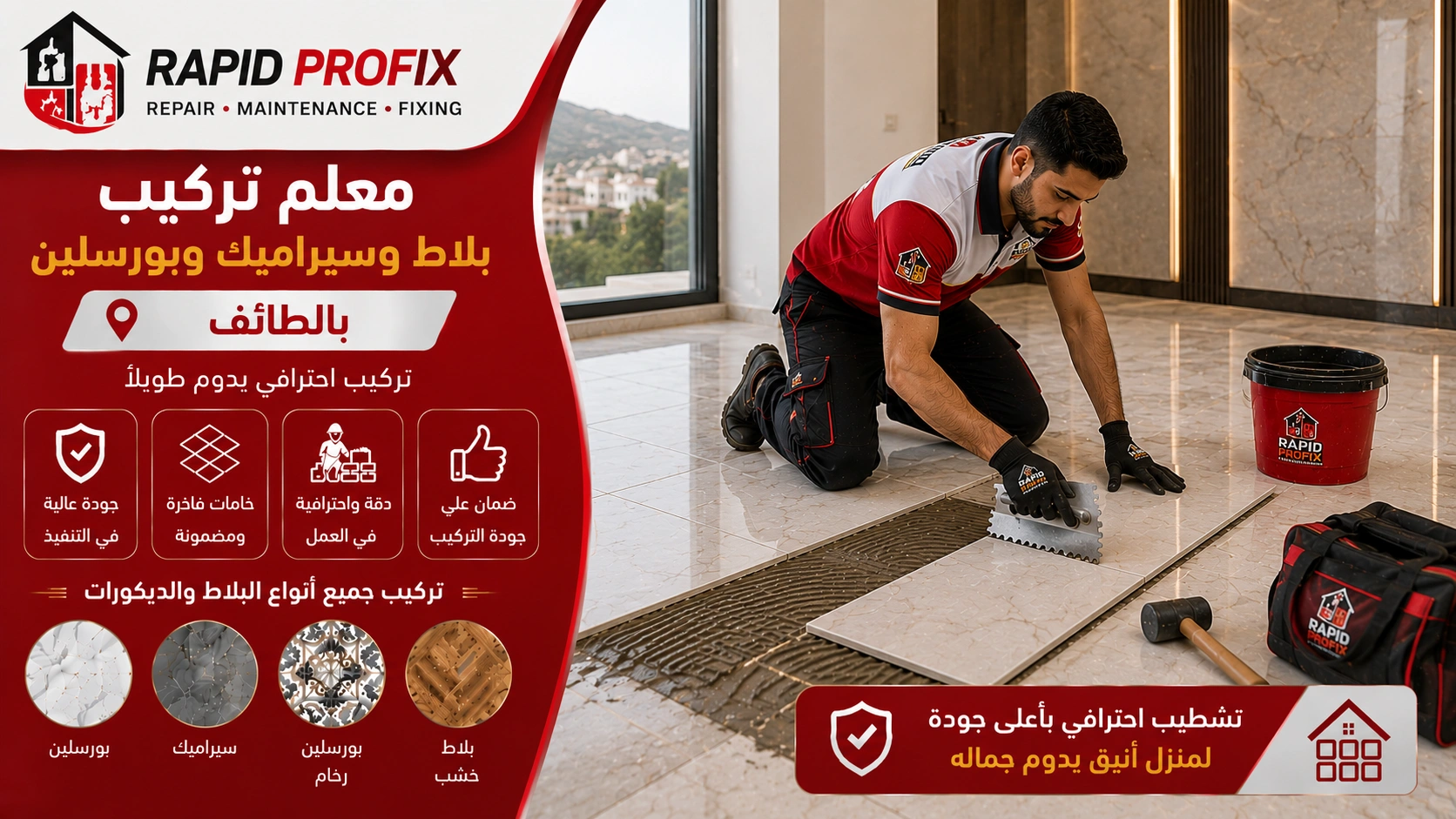 فني متخصص في تركيب البلاط والسيراميك والبورسلين بالطائف أثناء تنفيذ أعمال التركيب والمحاذاة الدقيقة للحصول على تشطيب احترافي يدوم لسنوات.