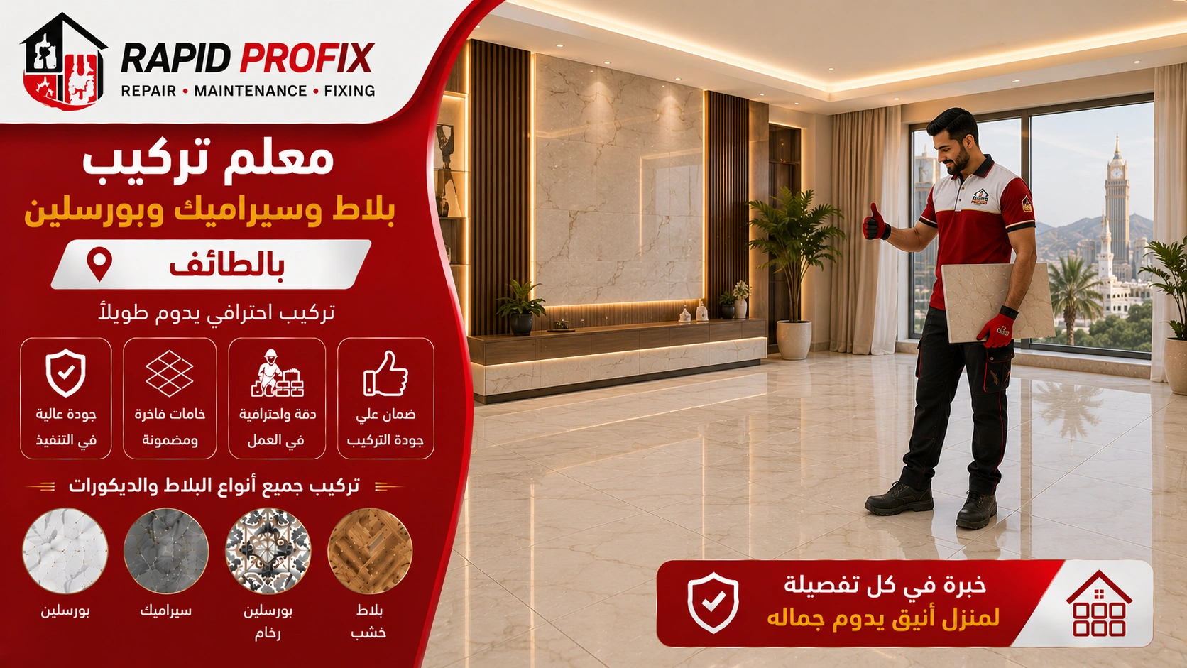 النتيجة النهائية لأعمال معلم تركيب بلاط وسيراميك وبورسلين بالطائف بعد اكتمال المشروع بجودة عالية وتشطيب متقن.