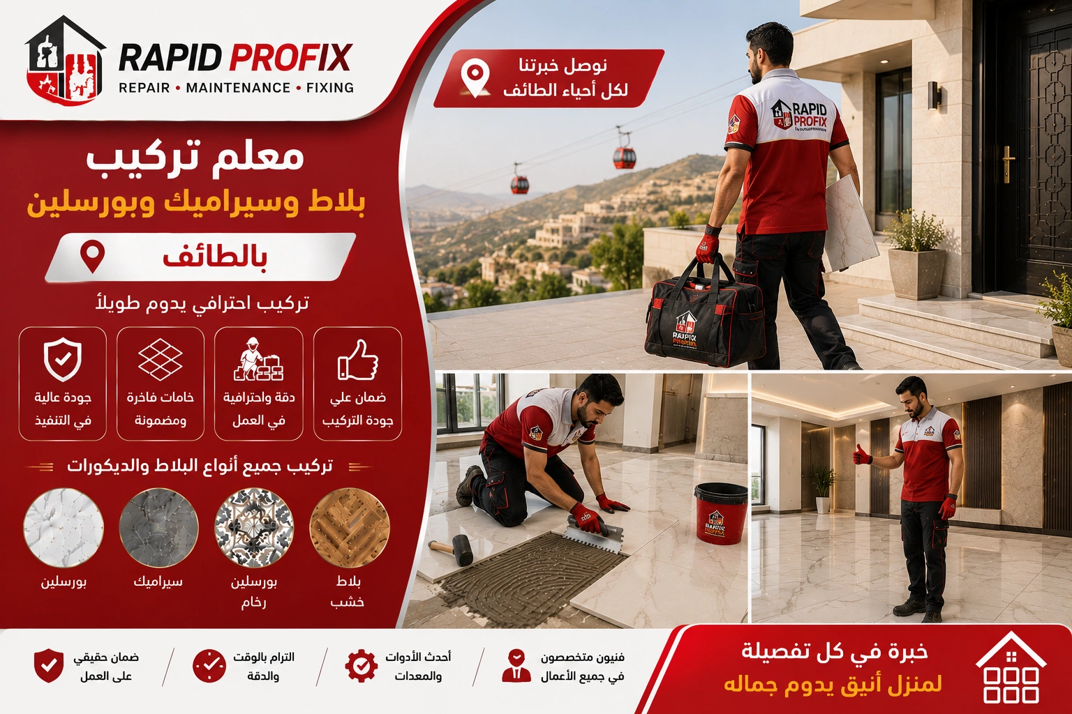 معلم تركيب بلاط وسيراميك وبورسلين بالطائف يصل إلى موقع العميل لبدء تنفيذ أعمال تركيب الأرضيات والجدران باستخدام أدوات احترافية وخبرة متخصصة.