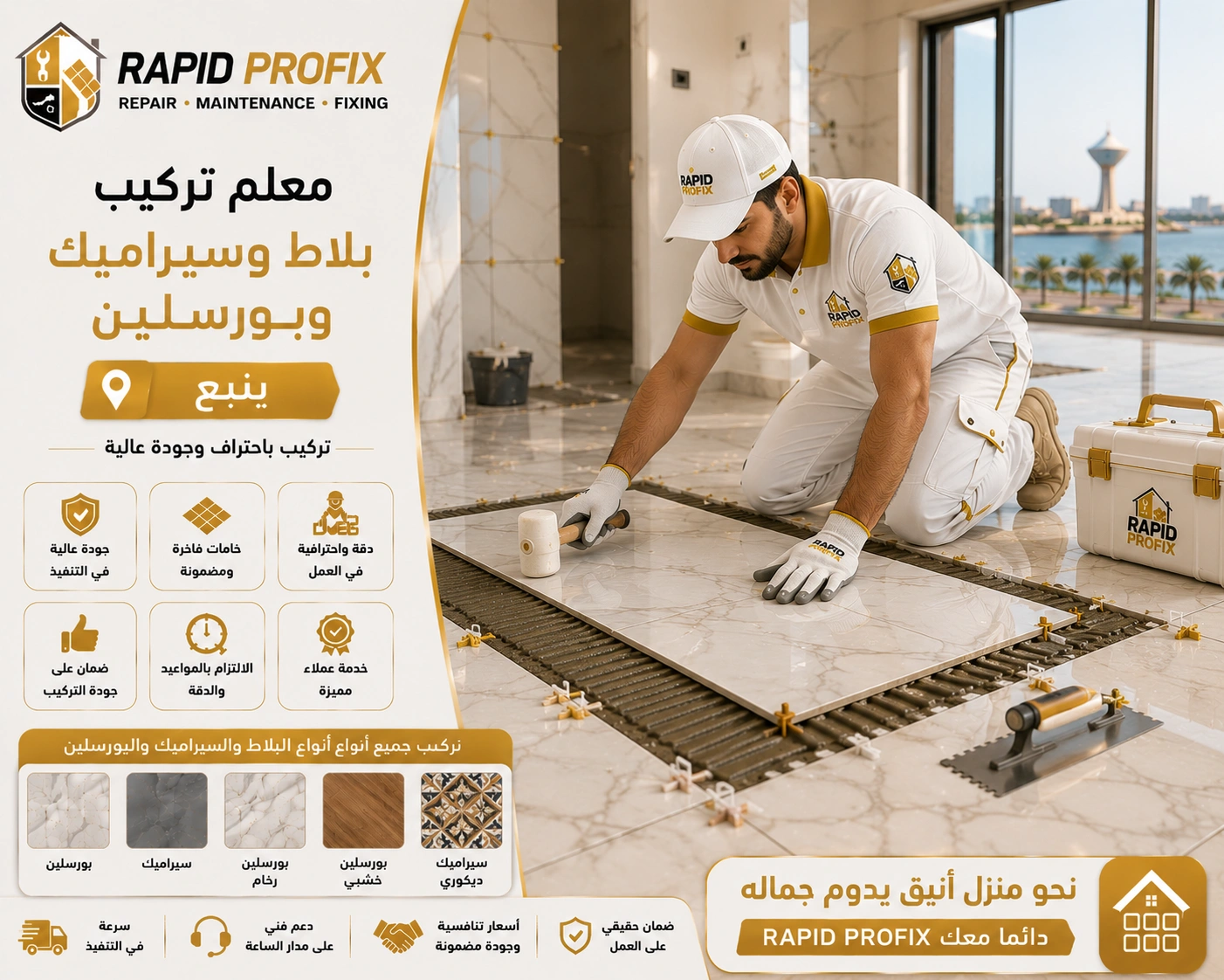 فني متخصص في تركيب البلاط والسيراميك والبورسلين بينبع أثناء تنفيذ أعمال التركيب والمحاذاة الدقيقة للحصول على تشطيب احترافي يدوم لسنوات.