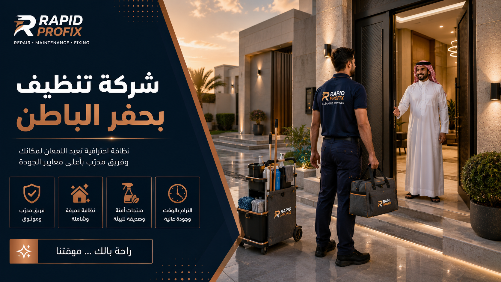 فريق تنظيف محترف يصل إلى منزل حديث في حفر الباطن مع معدات وعربة تنظيف متكاملة.