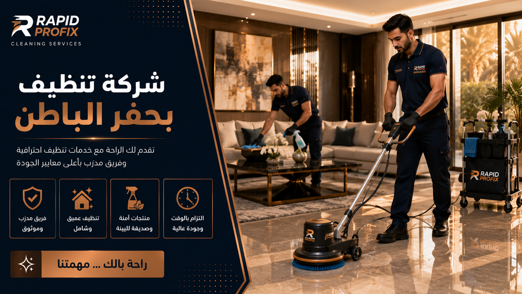 فني تنظيف يستخدم ماكينة تنظيف أرضيات بينما يقوم المساعد بتنظيف الأثاث داخل منزل فاخر في حفر الباطن.