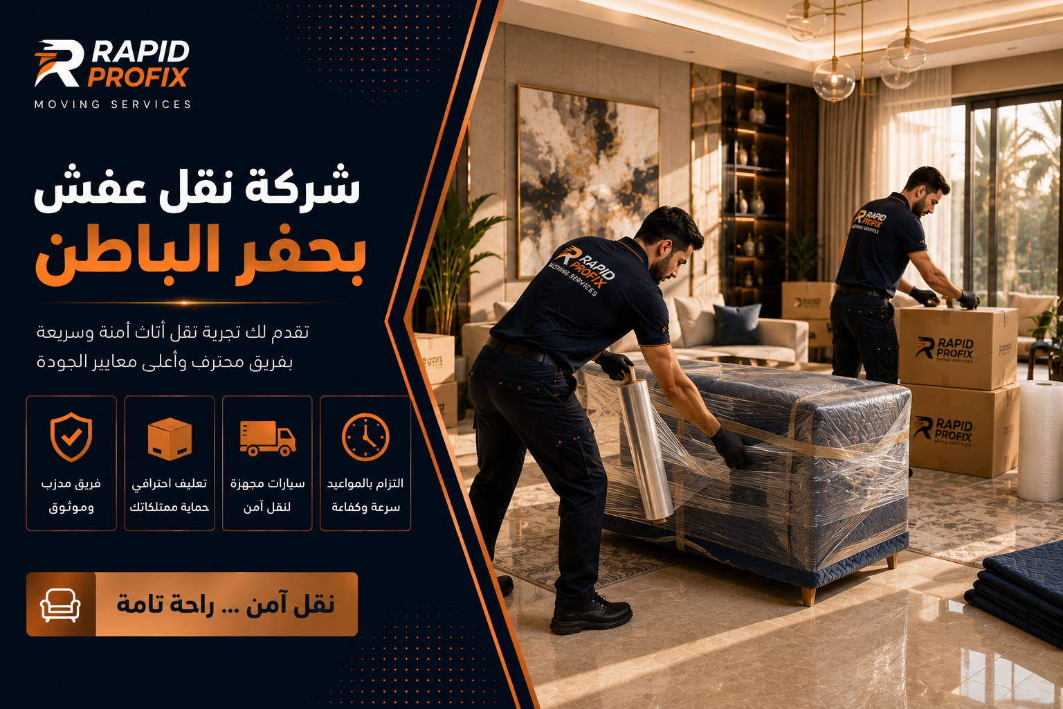 فنيان يقومان بتغليف الأثاث داخل منزل في حفر الباطن باستخدام مواد تغليف احترافية قبل النقل.
